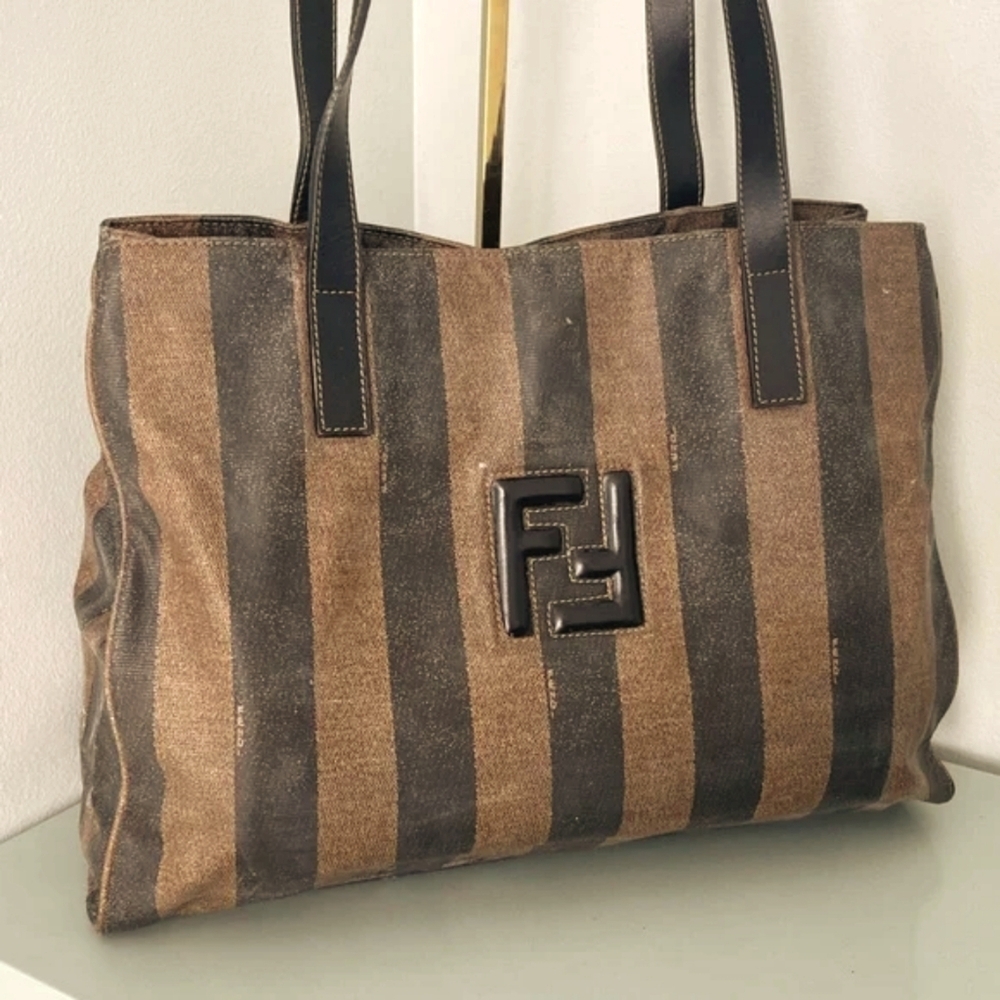 Fendi Black and Brown Striped Shoulder Bag with Leather Trim